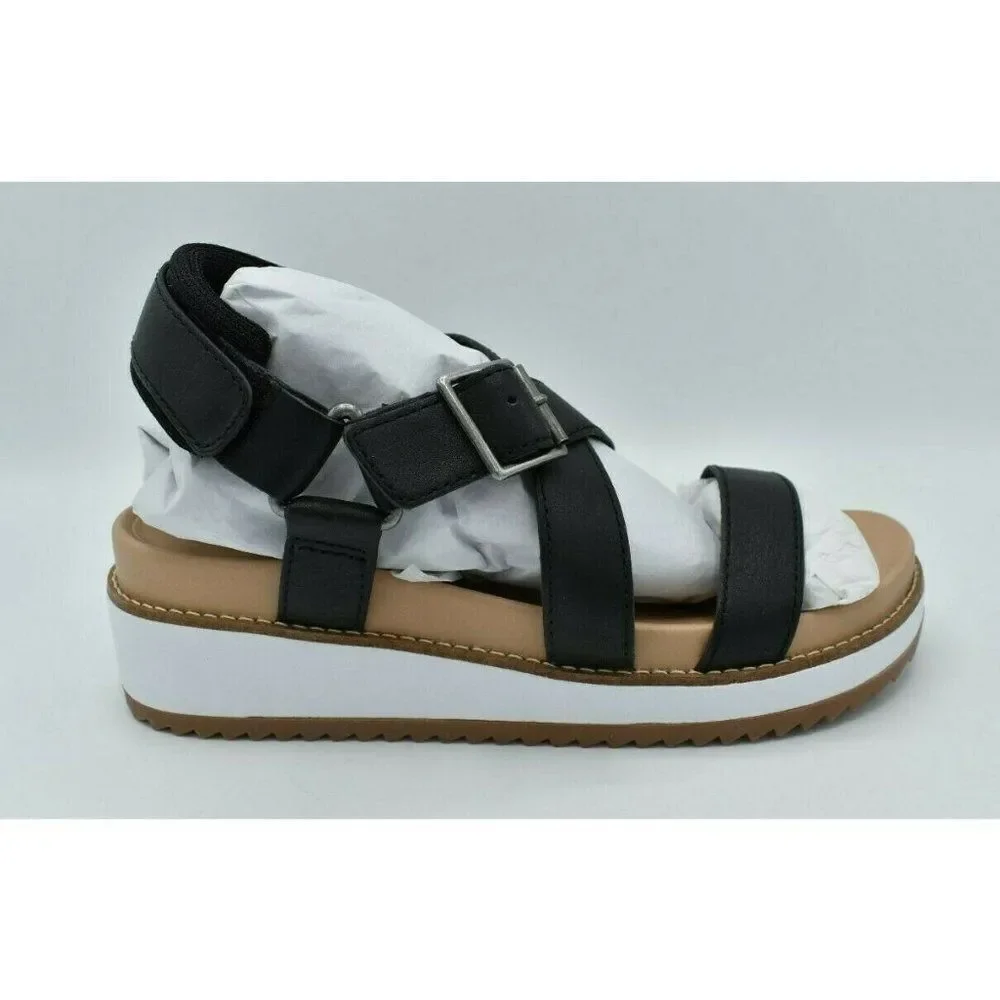 Lucky Brand Women Size 9.5 Idenia Wedge Strappy Black Saddle Leather Sandal Shoe